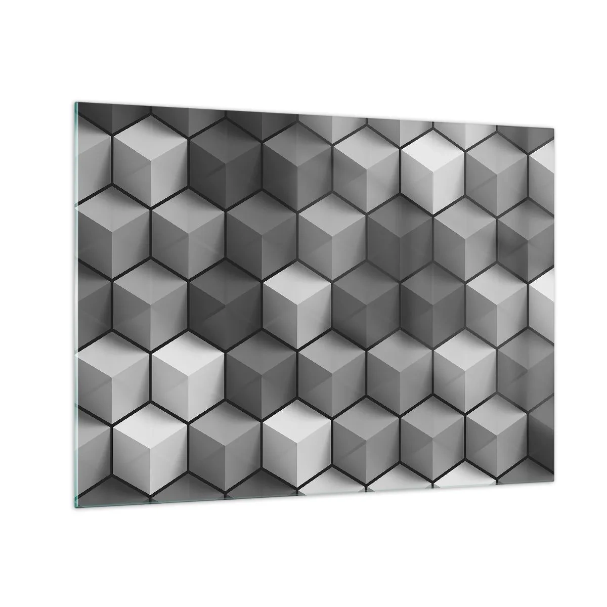 Quadro em vidro - Cubos geométricos em tons de cinza - 70x50cm - Quebra-cabeça cubista - Decoração de parede moderna para a sala de estar e quarto ARTTOR