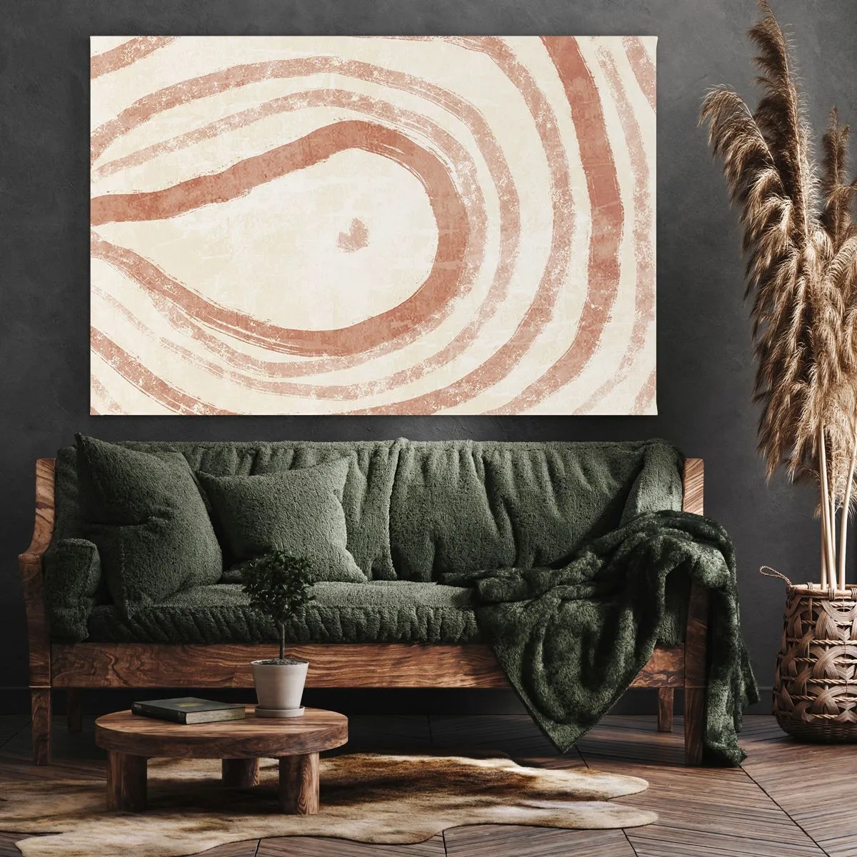 Quadro em tela - Um motivo abstrato de linhas concêntricas em tons de terracota. - 70x50cm - Círculos de coral – composição - Decoração de parede moderna para a sala de estar e quarto ARTTOR