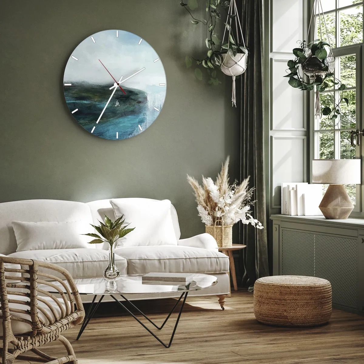 Relógio de parede - Relógio em vidro - Uma paisagem marinha com um penhasco em tons turquesa e azul - 30x30cm - Abstração náutica - Decoração de parede moderna para a sala de estar, cozinha e quarto ARTTOR