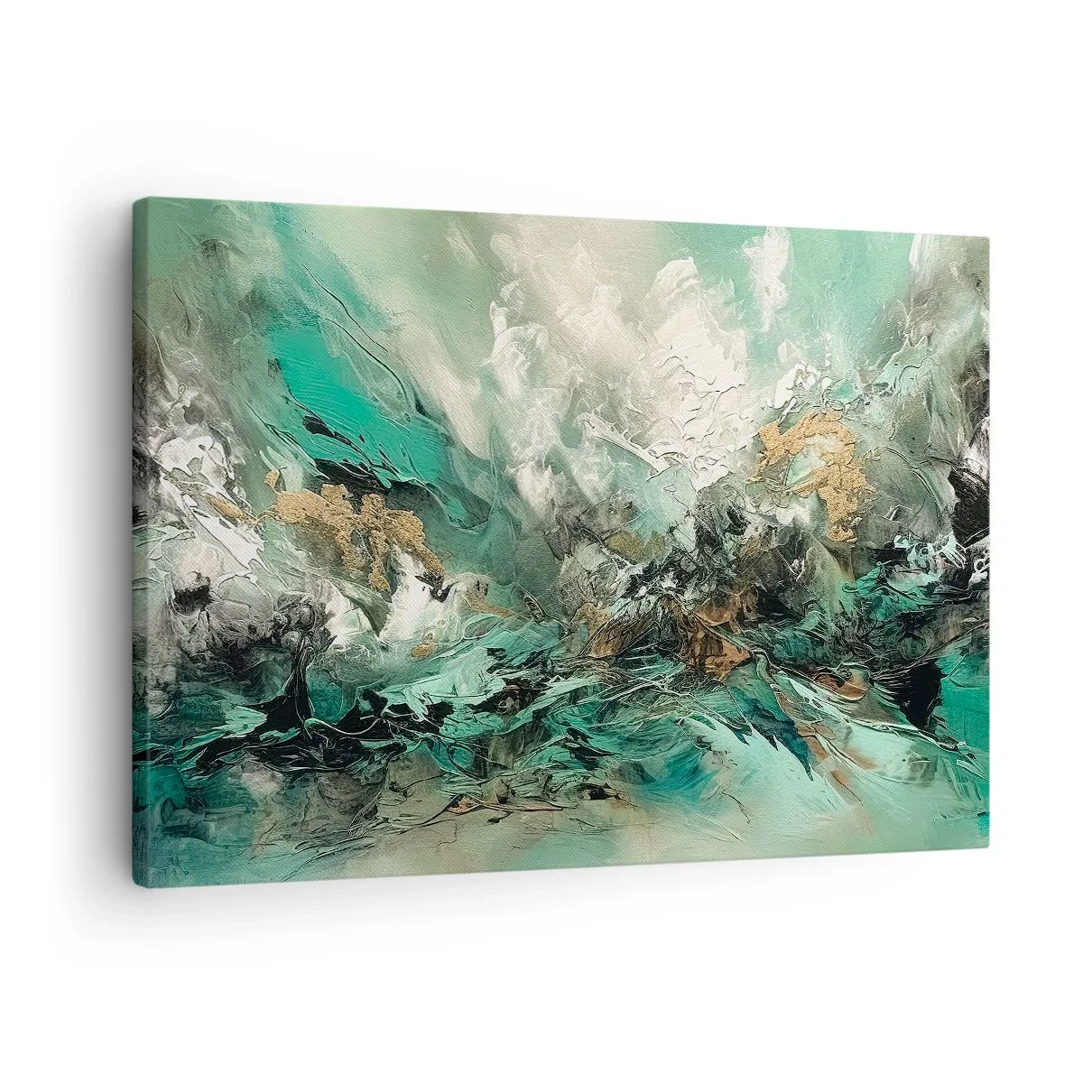 Quadro em tela - Paisagem abstrata em tons de verde e dourado - 70x50cm - Surf esmeralda e preto - Decoração de parede moderna para a sala de estar e quarto ARTTOR