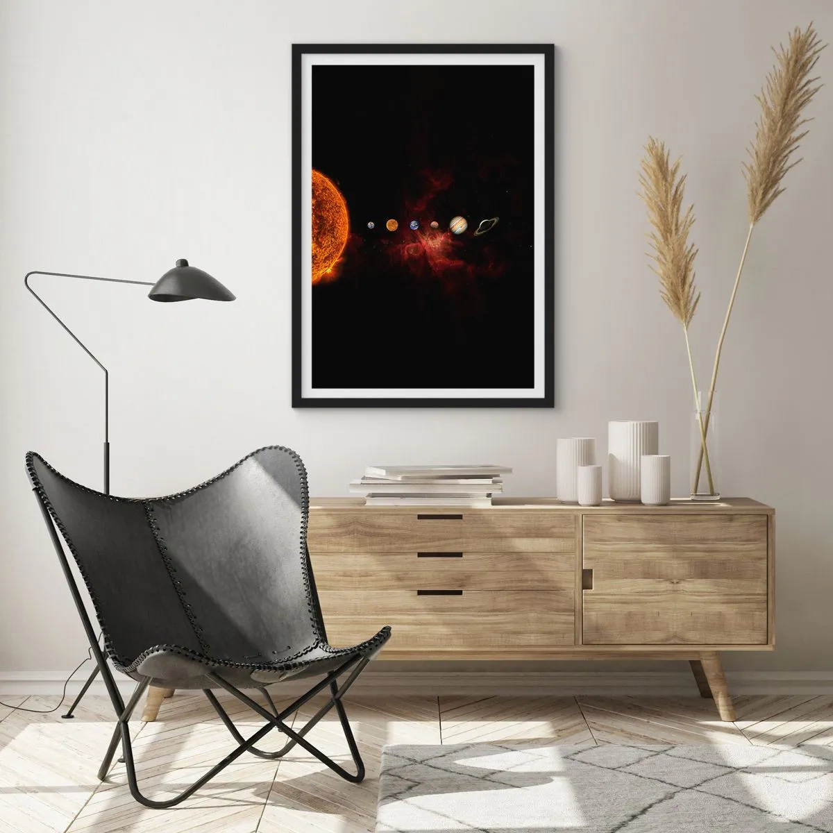 Pôster com moldura preta - O Sistema Solar com planetas contra o fundo do espaço - 50x70cm - Nosso bairro - Decoração de parede moderna para a sala de estar e quarto ARTTOR