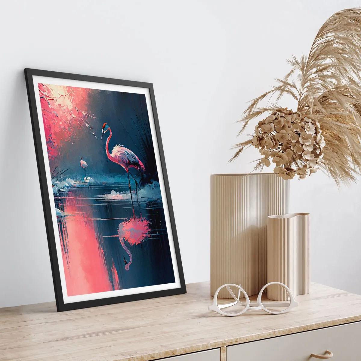 Pôster com moldura preta - Flamingos em um lago calmo - 50x70cm - O retiro de um pássaro - Decoração de parede moderna para a sala de estar e quarto ARTTOR