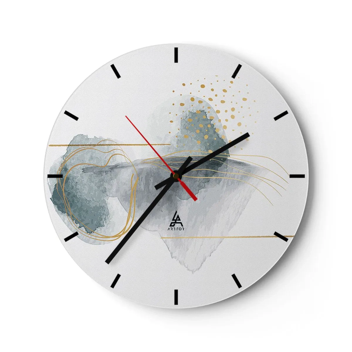Relógio de parede - Relógio em vidro - Formas abstratas em tons pastéis com linhas e pontos dourados sobre fundo branco. - 30x30cm - Sobre a relação entre o cinza e o dourado - Decoração de parede moderna para a sala de estar, cozinha e quarto ARTTOR