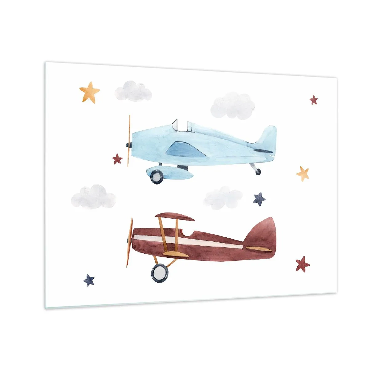 Quadro em vidro - Dois aviões coloridos entre as estrelas e nuvens - 70x50cm - Sr. Piloto, estamos a aguardar! - Decoração de parede moderna para a sala de estar e quarto ARTTOR