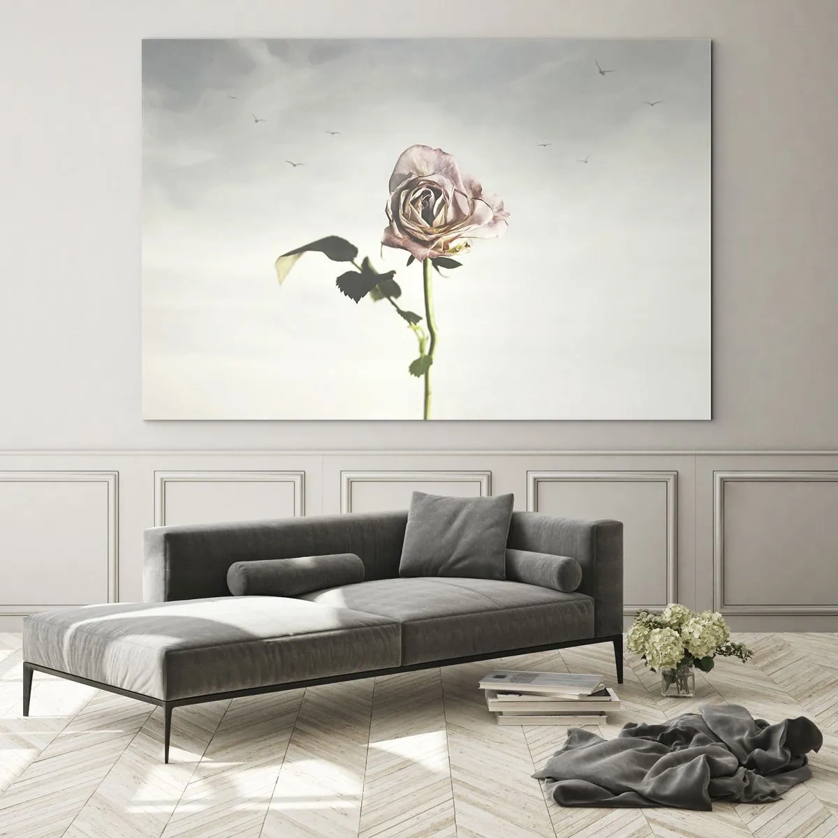 Quadro em vidro - Uma rosa delicada contra o céu com pássaros voando - 70x50cm - Boas-vindas da primavera  - Decoração de parede moderna para a sala de estar e quarto ARTTOR