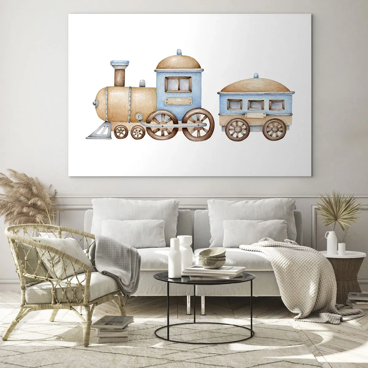Quadro em vidro - Ilustração de um trem a vapor em tons de azul e bege sobre fundo branco - 70x50cm - Parado na estação... - Decoração de parede moderna para a sala de estar e quarto ARTTOR