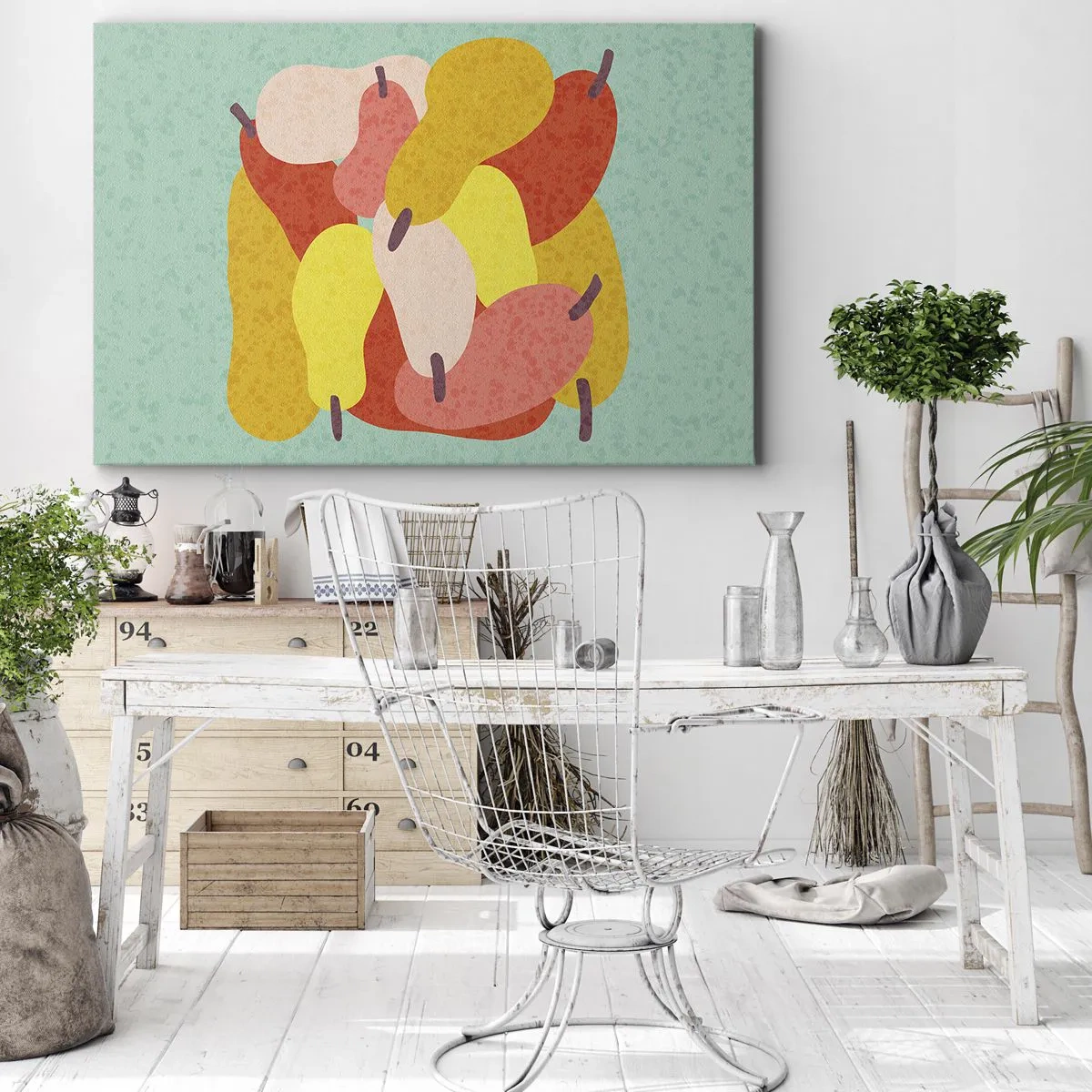 Quadro em tela - Peras abstratas coloridas em um fundo verde - 70x50cm - Experimente o sol de verão - Decoração de parede moderna para a sala de estar e quarto ARTTOR