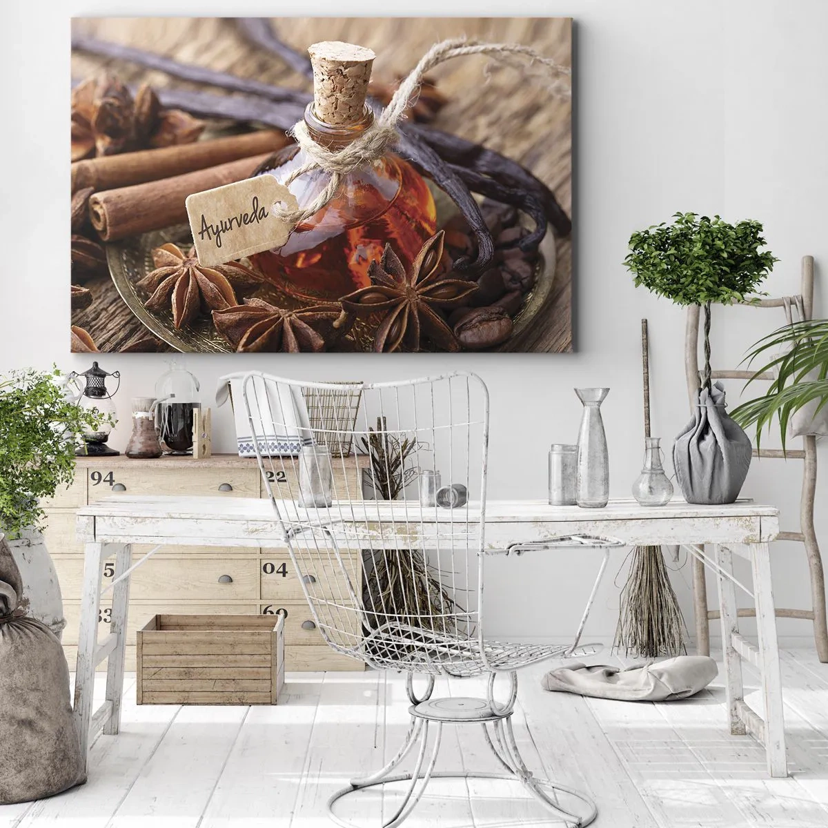 Quadro em tela - Uma garrafa de óleo de especiarias em uma bandeja - 70x50cm - Rumo à unidade do corpo e do espírito - Decoração de parede moderna para a sala de estar e quarto ARTTOR