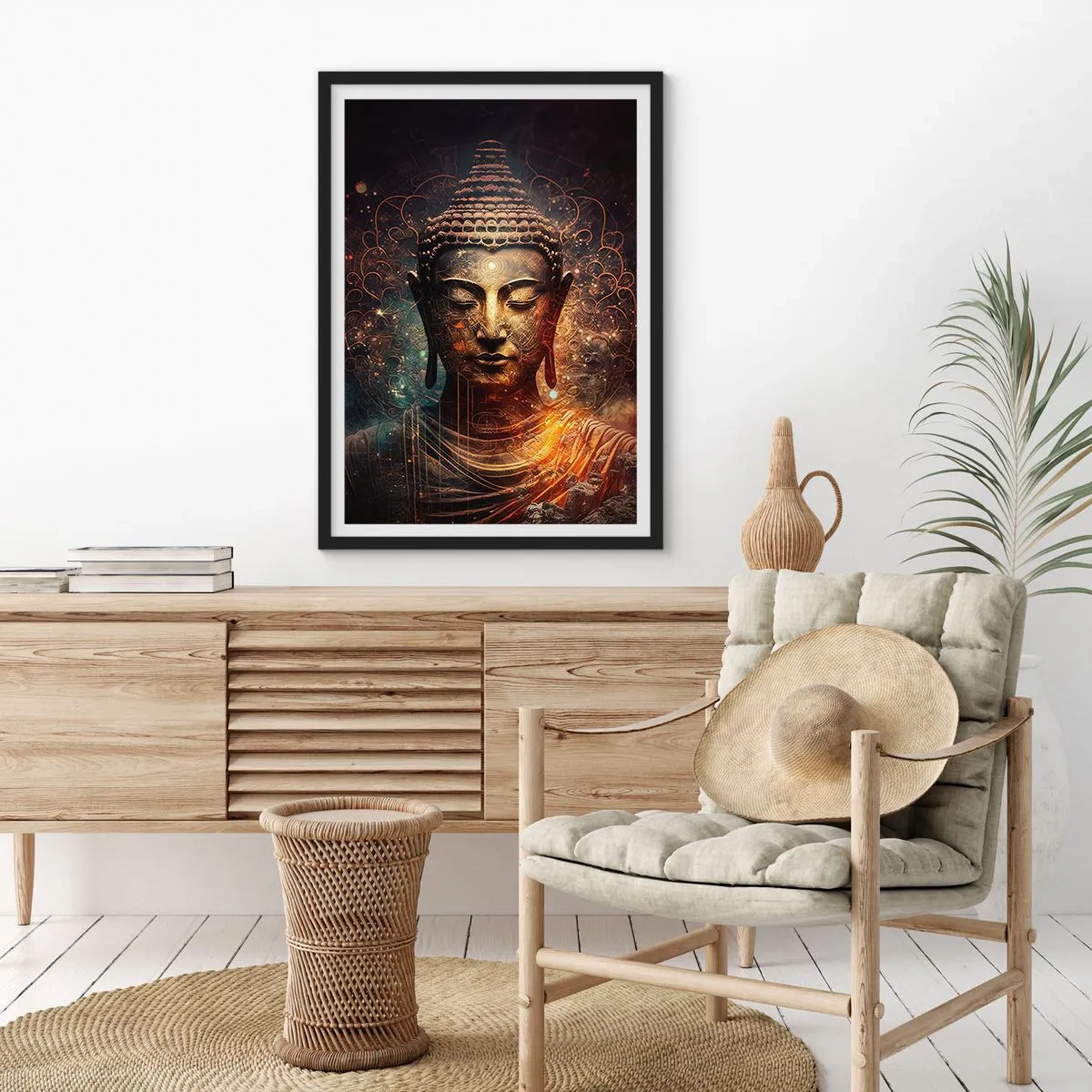 Pôster com moldura preta - Imagem mística de Buda em tons dourados - 50x70cm - Equilíbrio espiritual - Decoração de parede moderna para a sala de estar e quarto ARTTOR