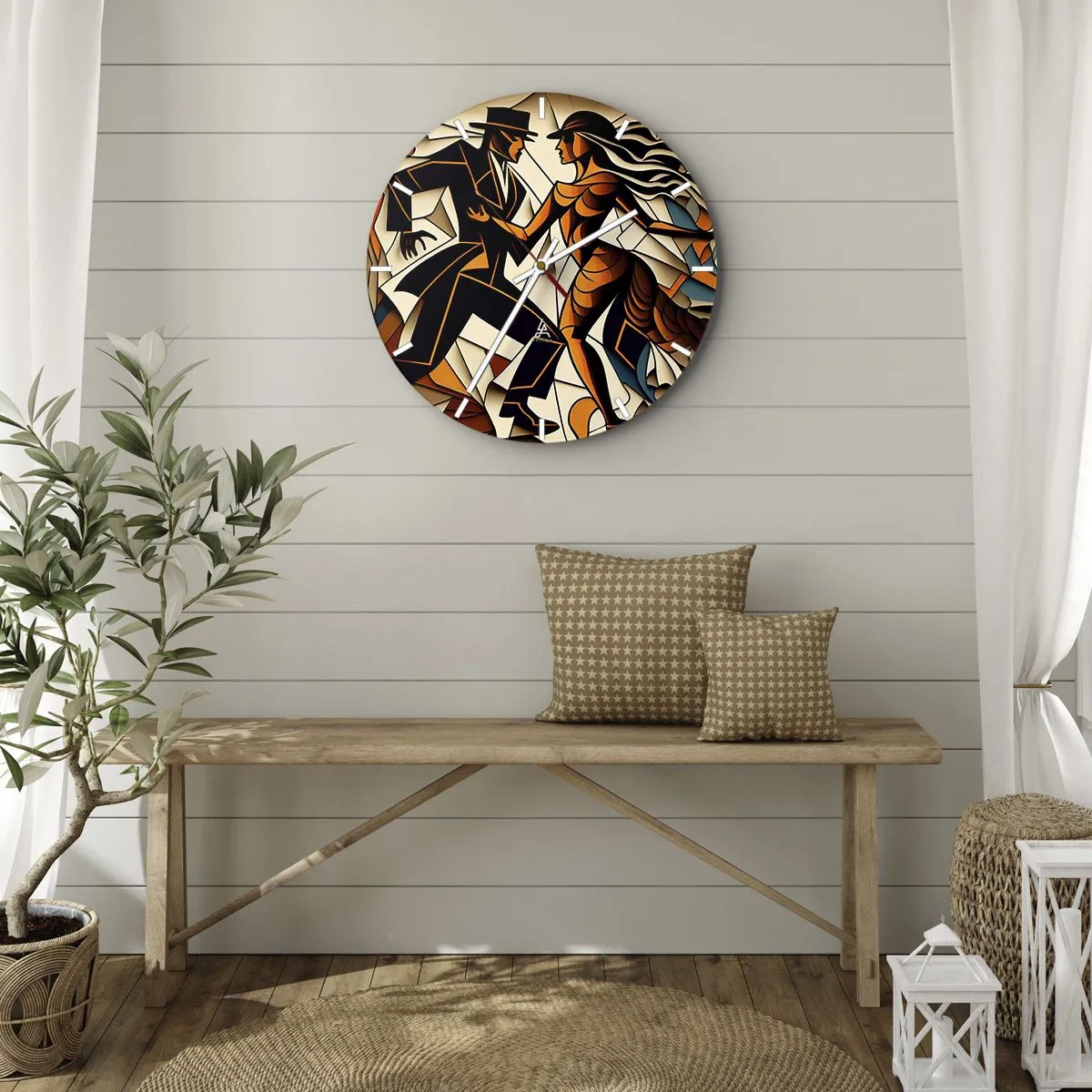 Relógio de parede - Relógio em vidro - Um casal dançando em estilo Art Déco com tons quentes - 30x30cm - Dança de paixão e paixão - Decoração de parede moderna para a sala de estar, cozinha e quarto ARTTOR