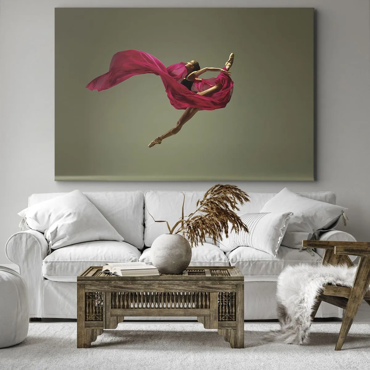 Quadro em tela - Bailarina em pose dinâmica com tecido rosa - 70x50cm - Chama dançante - Decoração de parede moderna para a sala de estar e quarto ARTTOR