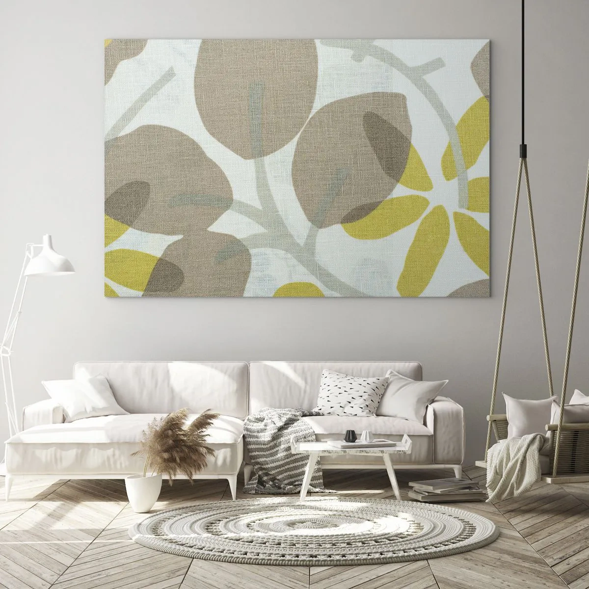 Quadro em vidro - Folhas e flores estilizadas em tons pastéis de bege e amarelo - 70x50cm - Composição a pleno sol - Decoração de parede moderna para a sala de estar e quarto ARTTOR