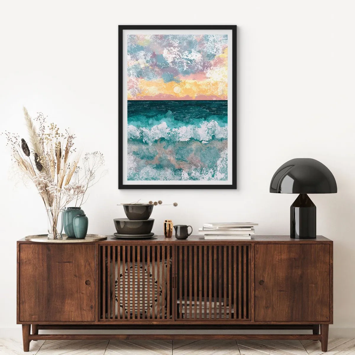 Pôster com moldura preta - Ondas do mar e pôr do sol em estilo aquarela - 50x70cm - Água, luz, ar - Decoração de parede moderna para a sala de estar e quarto ARTTOR