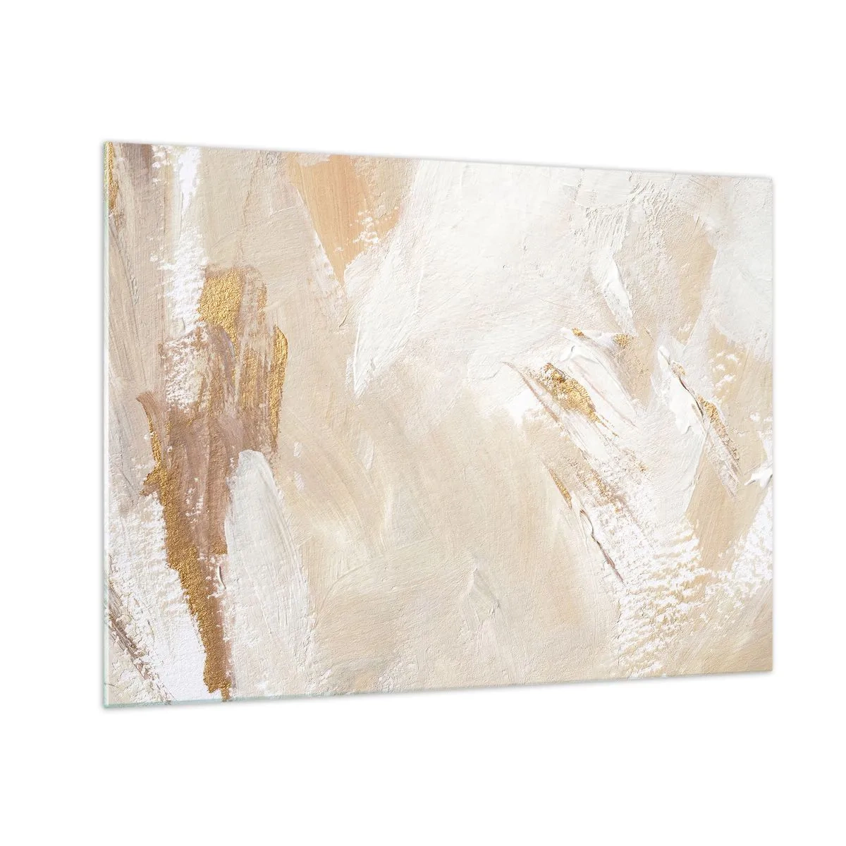 Quadro em vidro - Abstração bege e branca com detalhes dourados - 70x50cm - Composição pastel - Decoração de parede moderna para a sala de estar e quarto ARTTOR
