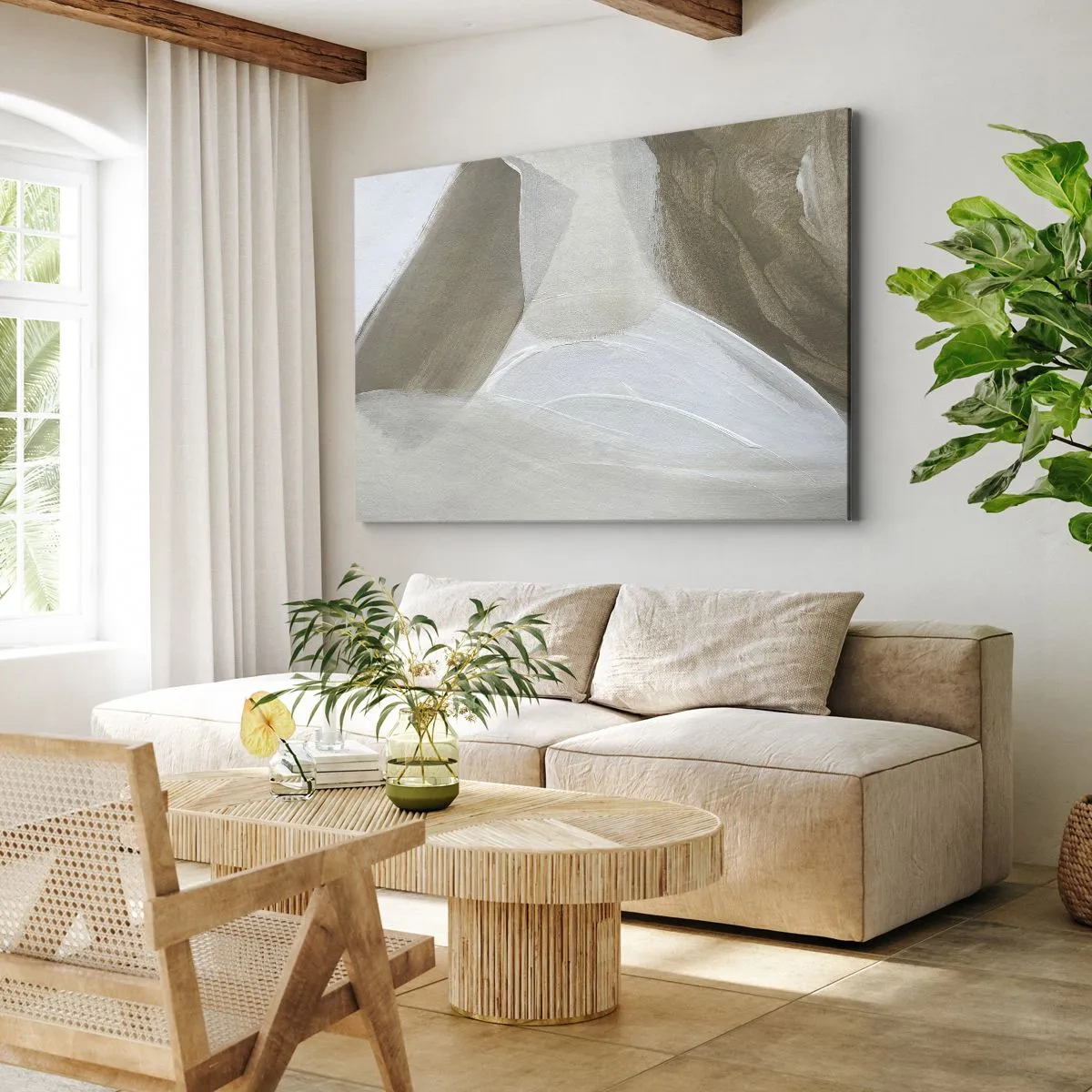 Quadro em tela - Abstração delicada em tons de bege e branco - 70x50cm - Uma onda de branco - Decoração de parede moderna para a sala de estar e quarto ARTTOR