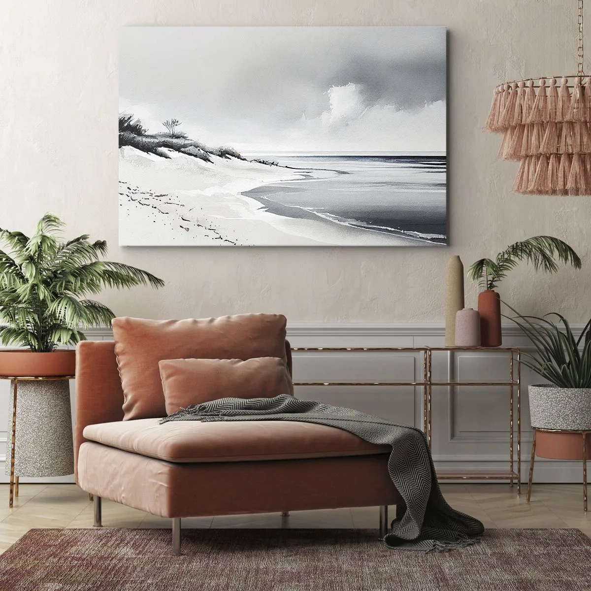 Quadro em tela - Uma praia em tons suaves de cinza e azul - 70x50cm - Juntos para sempre - Decoração de parede moderna para a sala de estar e quarto ARTTOR