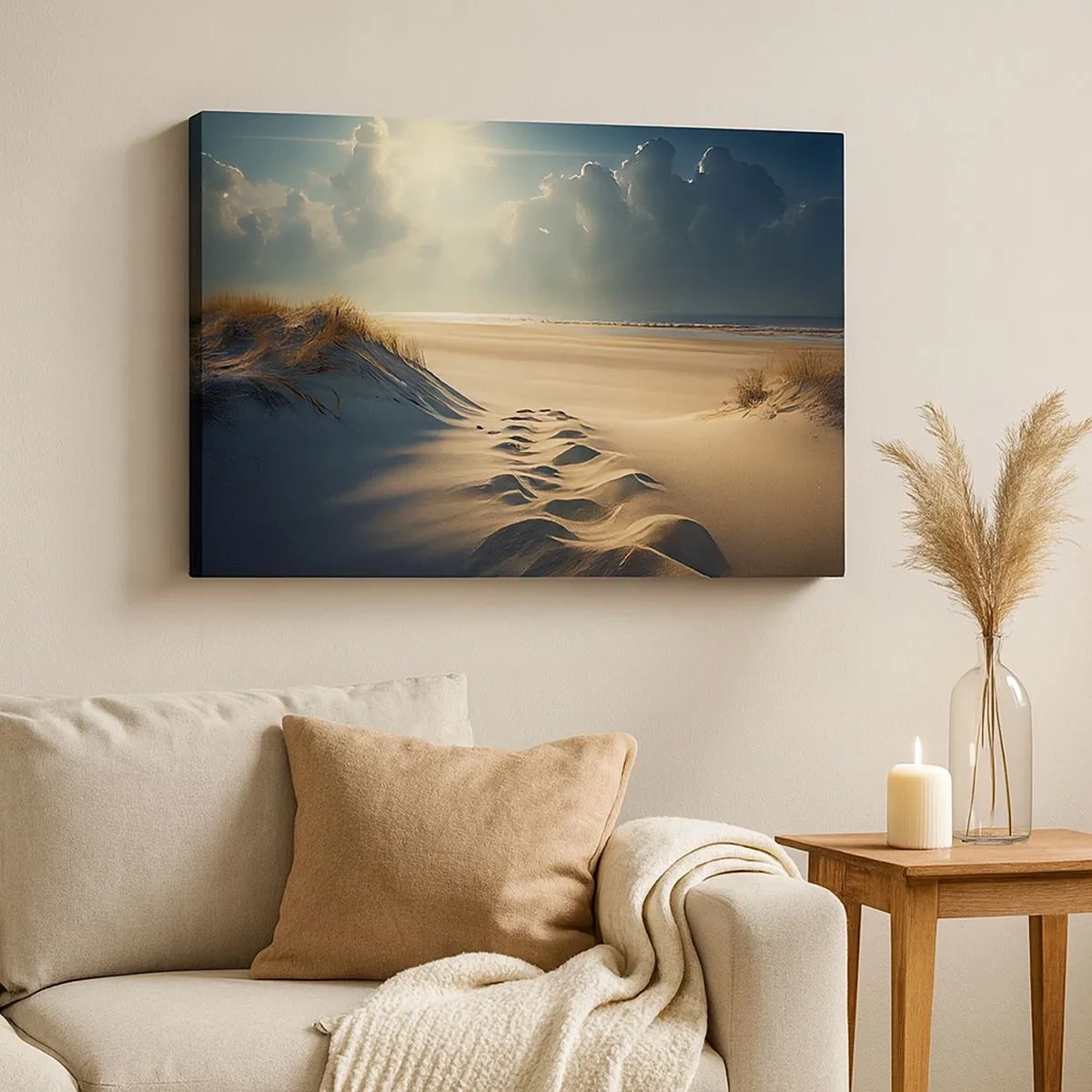 Quadro em tela - Dunas douradas na praia ao pôr do sol com vista para o mar - 70x50cm - Uma paisagem relaxante - Decoração de parede moderna para a sala de estar e quarto ARTTOR