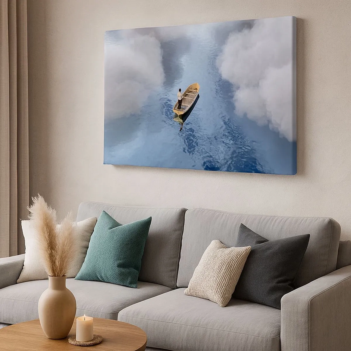 Quadro em tela - Um homem em um barco em um mar calmo cercado por nuvens - 70x50cm - Vida – jornada – desconhecido - Decoração de parede moderna para a sala de estar e quarto ARTTOR