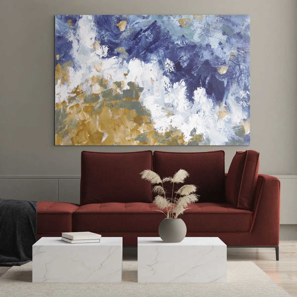 Quadro em vidro - Pinceladas abstratas em azul, branco e dourado - 70x50cm - Dança dos elementos - Decoração de parede moderna para a sala de estar e quarto ARTTOR