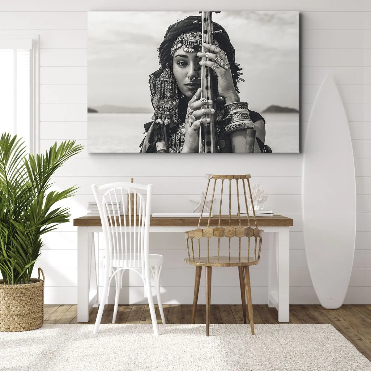Quadro em tela - Retrato de uma mulher com joias étnicas segurando um instrumento na mão - 70x50cm - A própria música oriental - Decoração de parede moderna para a sala de estar e quarto ARTTOR