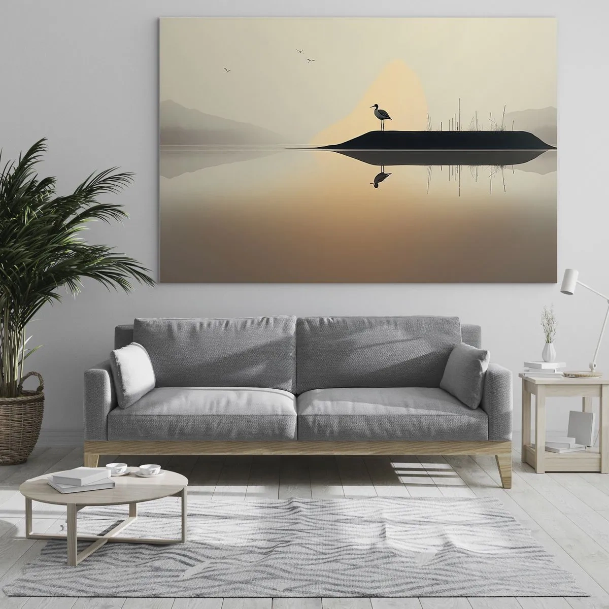 Quadro em vidro - Uma garça em pé em uma ilha nas águas calmas de um lago - 70x50cm - Senhor no lago - Decoração de parede moderna para a sala de estar e quarto ARTTOR