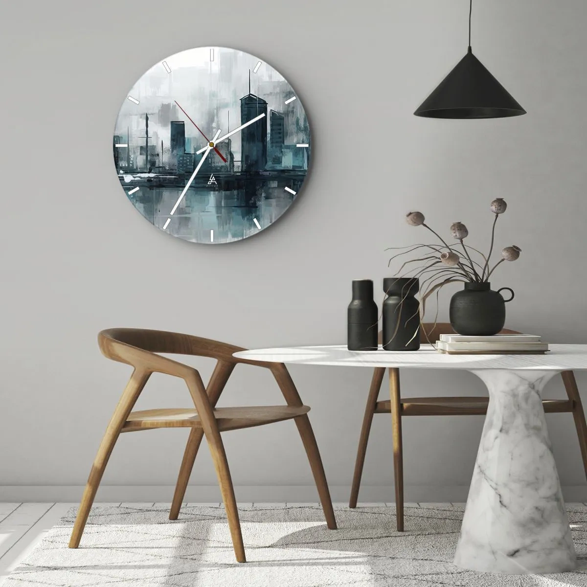 Relógio de parede - Relógio em vidro - Um panorama da cidade em estilo pictórico com tons frios - 30x30cm - Uma cidade da cor da chuva - Decoração de parede moderna para a sala de estar, cozinha e quarto ARTTOR