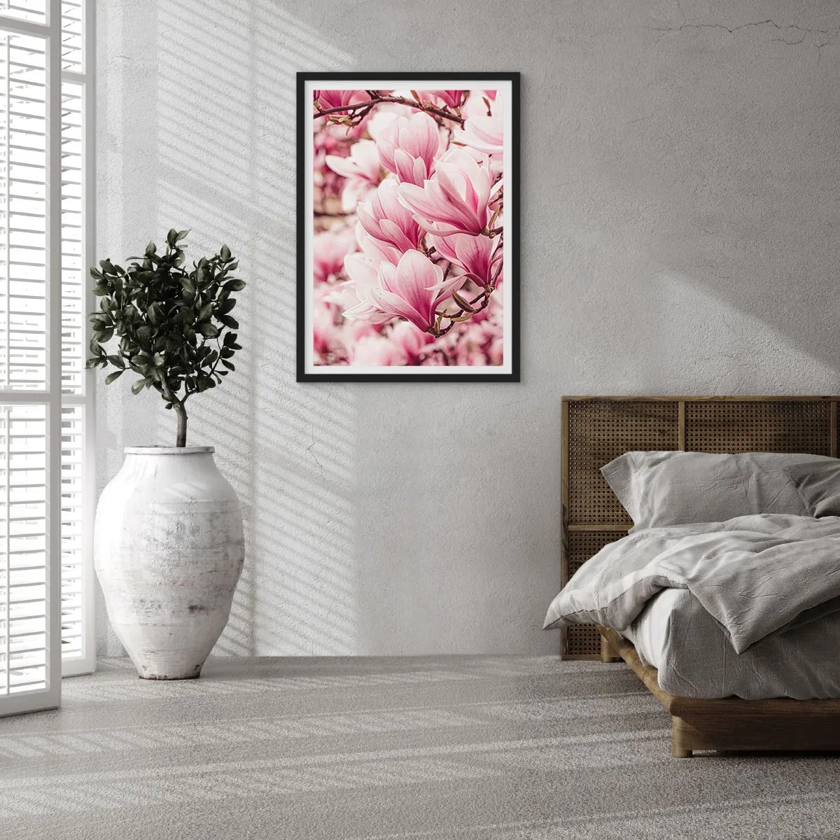 Pôster com moldura preta - Magnólias românticas em flor em rosa delicado - 50x70cm - A primavera é rosa - Decoração de parede moderna para a sala de estar e quarto ARTTOR