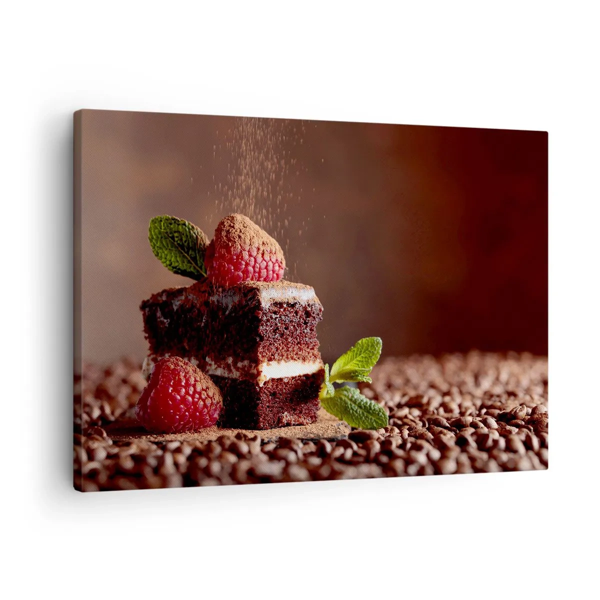 Quadro em tela - Bolo de chocolate com framboesas e hortelã sobre fundo de grãos de cacau - 70x50cm - A vida é doce - Decoração de parede moderna para a sala de estar e quarto ARTTOR