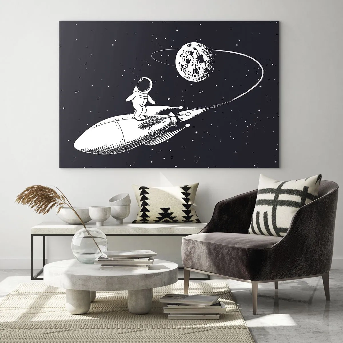 Quadro em vidro - Astronauta de desenho animado surfando no espaço em um foguete - 70x50cm - Surfista espacial - Decoração de parede moderna para a sala de estar e quarto ARTTOR
