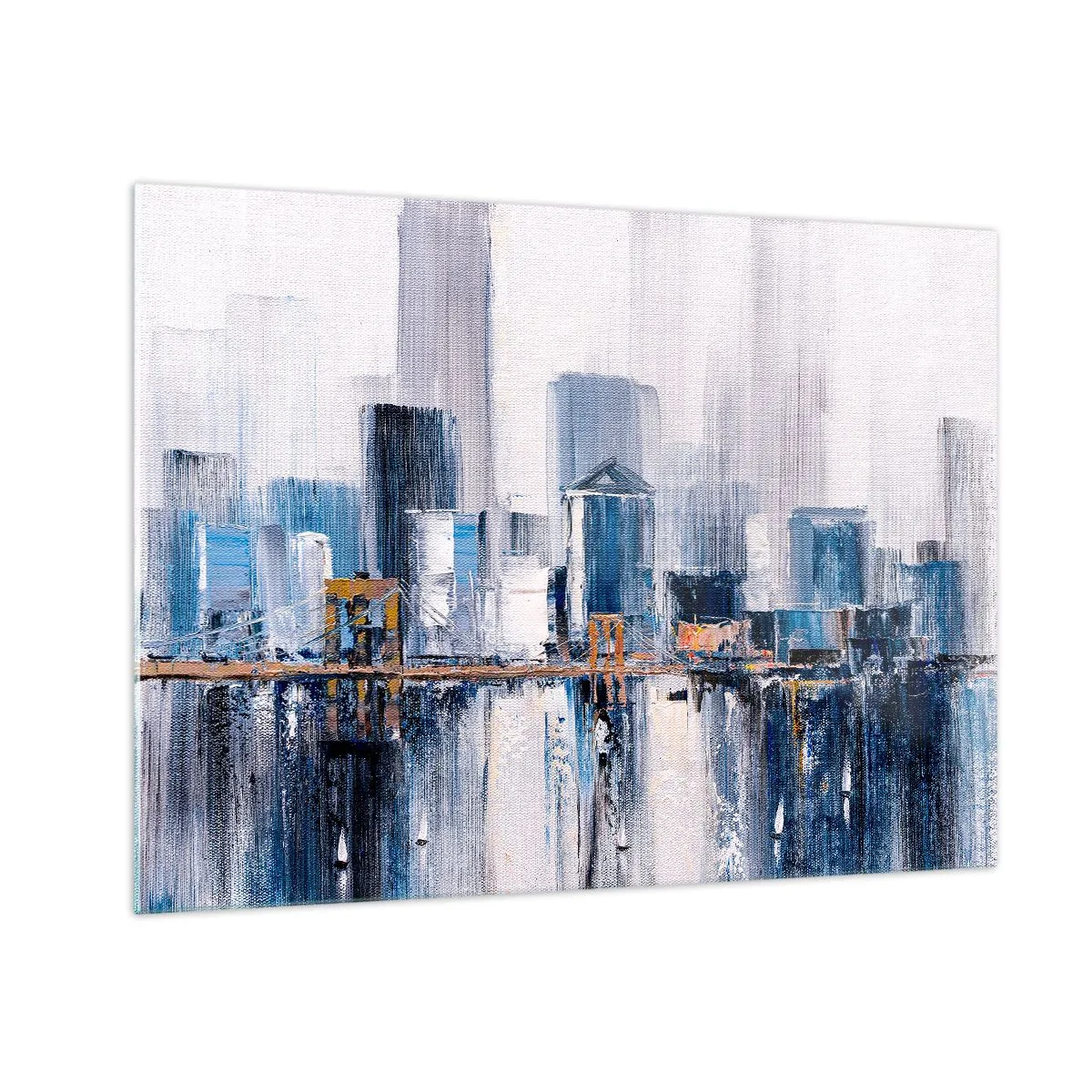 Quadro em vidro - Panorama abstrato da cidade com arranha-céus e uma ponte em cores frias - 70x50cm - Impressão de Nova York - Decoração de parede moderna para a sala de estar e quarto ARTTOR