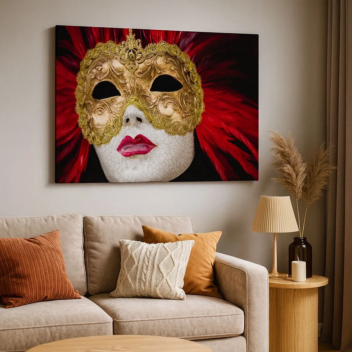 Quadro em tela - Máscara veneziana dourada com penas vermelhas - 70x50cm - A promessa da aventura de carnaval - Decoração de parede moderna para a sala de estar e quarto ARTTOR