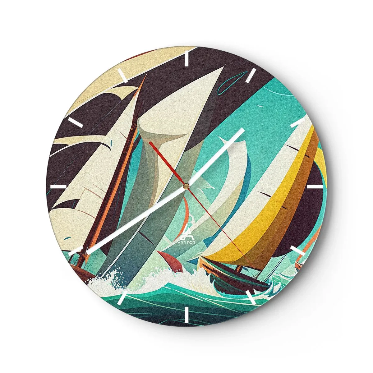 Relógio de parede - Relógio em vidro - Veleiros de estilo gráfico em um mar turquesa tempestuoso - 30x30cm - Boa sorte com os elementos - Decoração de parede moderna para a sala de estar, cozinha e quarto ARTTOR