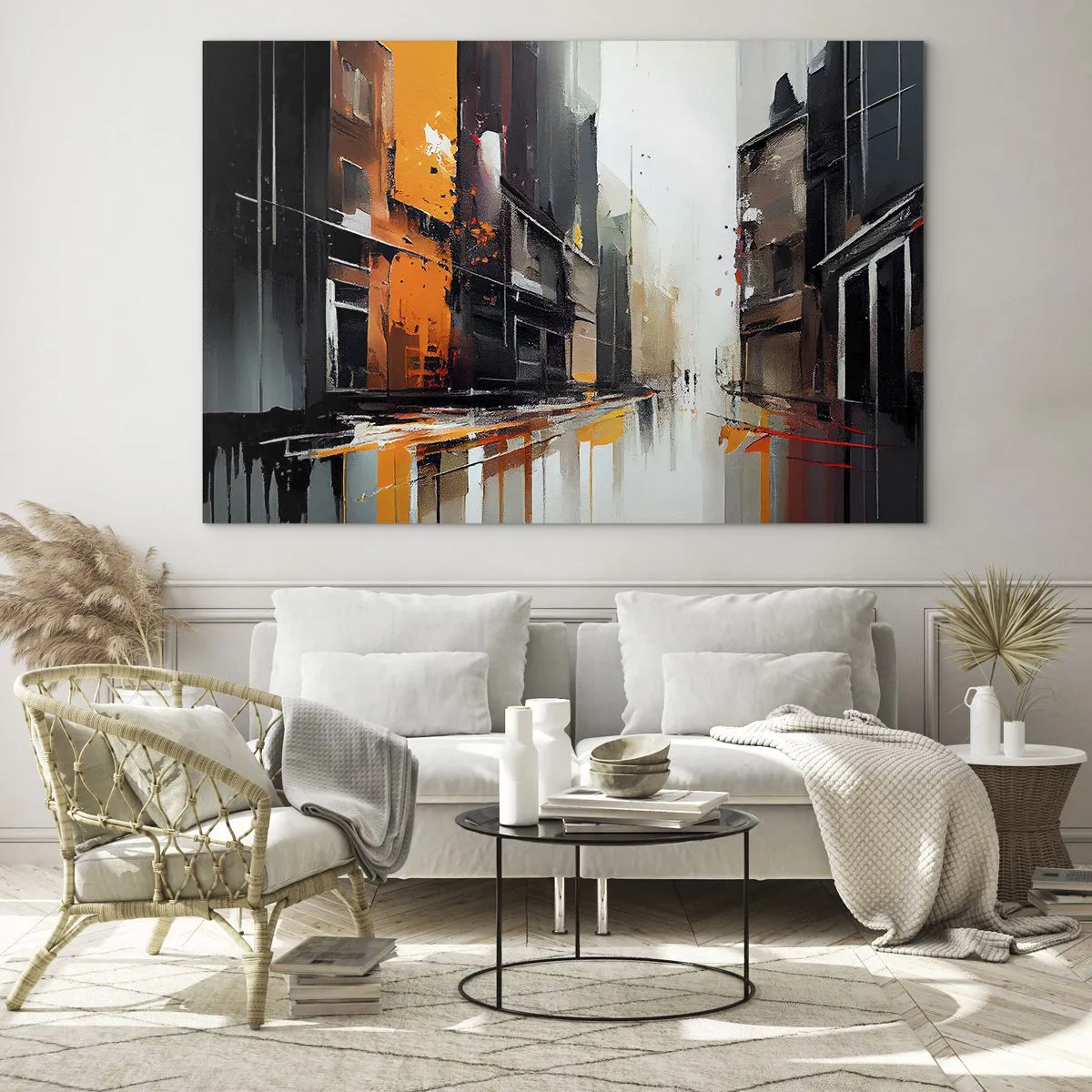 Quadro em vidro - Uma rua na chuva com prédios altos em cores quentes - 70x50cm - Dia chuvoso - Decoração de parede moderna para a sala de estar e quarto ARTTOR