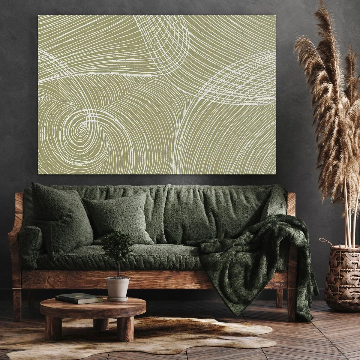 Quadro em tela - Linhas verdes e brancas em uma composição abstrata - 70x50cm - Abstração intrincada em branco - Decoração de parede moderna para a sala de estar e quarto ARTTOR