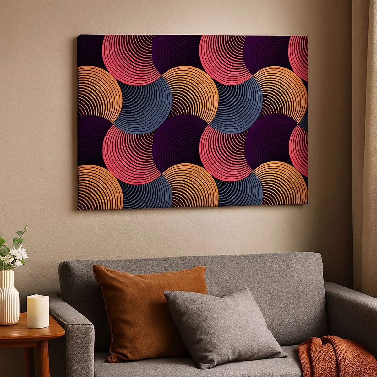 Quadro em tela - Círculos geométricos em tons de rosa, roxo e dourado - 70x50cm - Num ritmo circular - Decoração de parede moderna para a sala de estar e quarto ARTTOR
