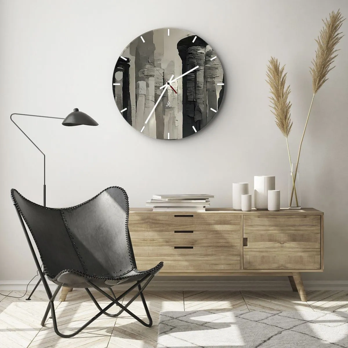 Relógio de parede - Relógio em vidro - Colunas monumentais em tons pictóricos de bege e cinza - 30x30cm - A majestade da antiguidade - Decoração de parede moderna para a sala de estar, cozinha e quarto ARTTOR