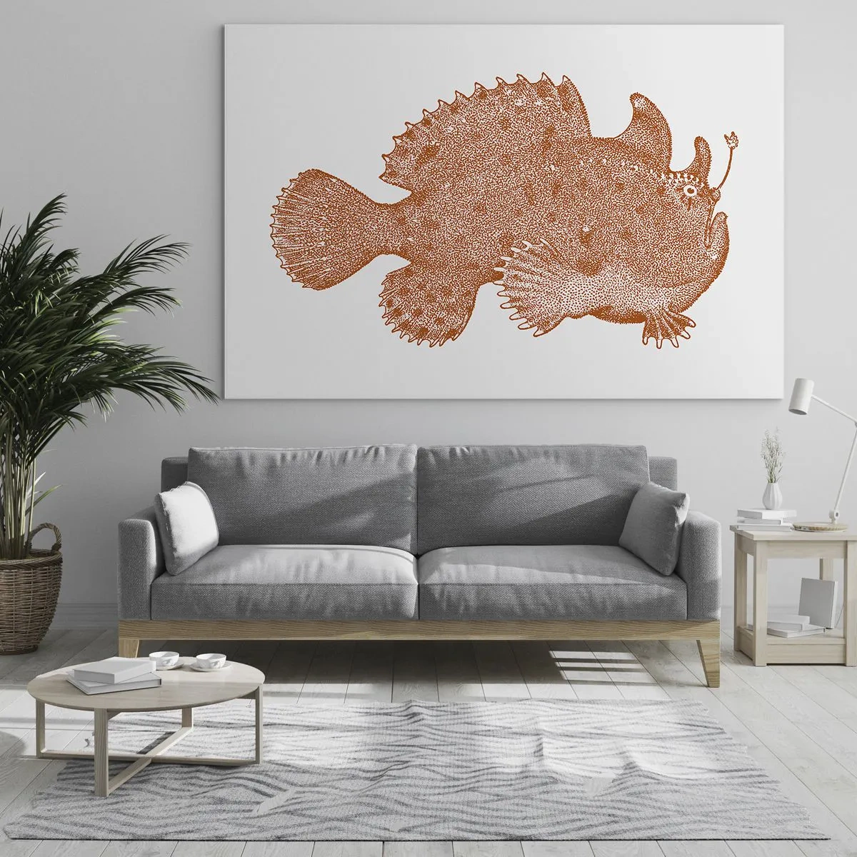 Quadro em vidro - Um desenho enferrujado de um peixe de águas profundas feito usando a técnica de pontos - 70x50cm - E era um peixe - Decoração de parede moderna para a sala de estar e quarto ARTTOR
