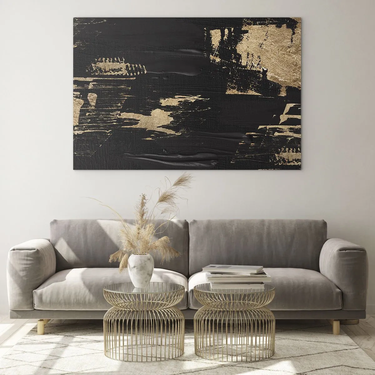 Quadro em vidro - Abstração em preto e dourado com textura semelhante a pinceladas - 70x50cm - Rastro de toque - Decoração de parede moderna para a sala de estar e quarto ARTTOR