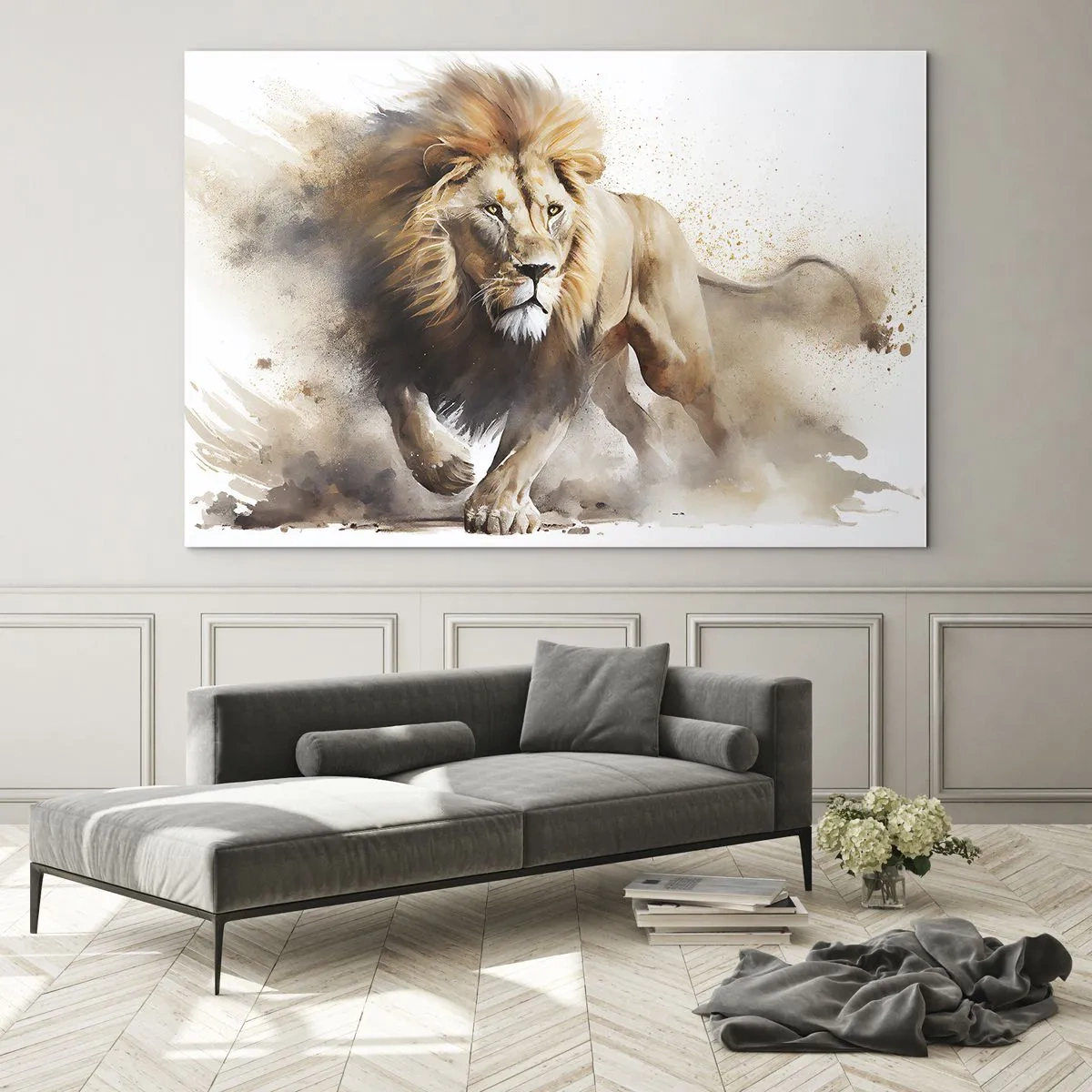 Quadro em vidro - Uma foto dinâmica em aquarela de um leão correndo - 70x50cm - O rei se foi - Decoração de parede moderna para a sala de estar e quarto ARTTOR
