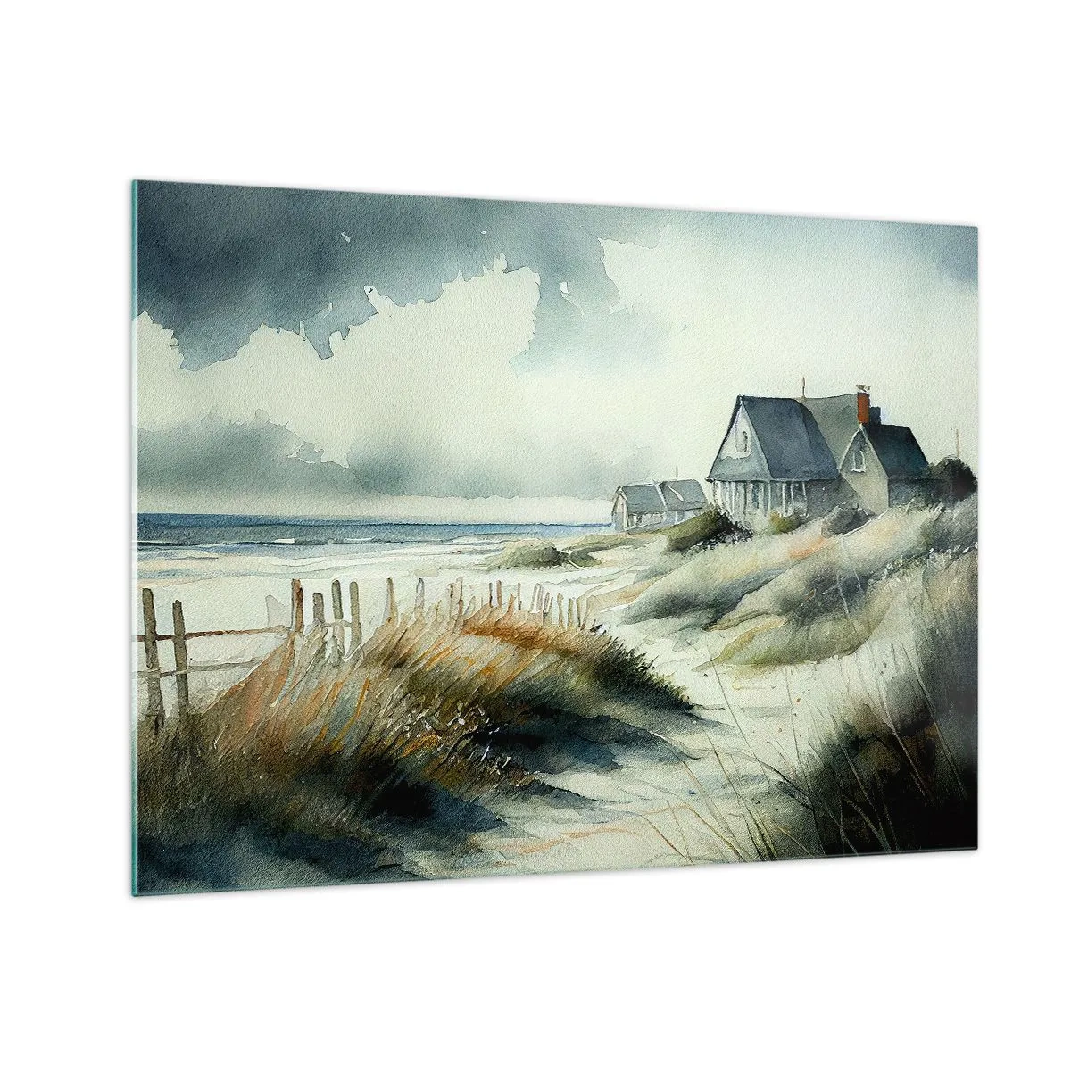 Quadro em vidro - Casas nas dunas à beira-mar sob um céu nublado - 70x50cm - Longe da agitação - Decoração de parede moderna para a sala de estar e quarto ARTTOR