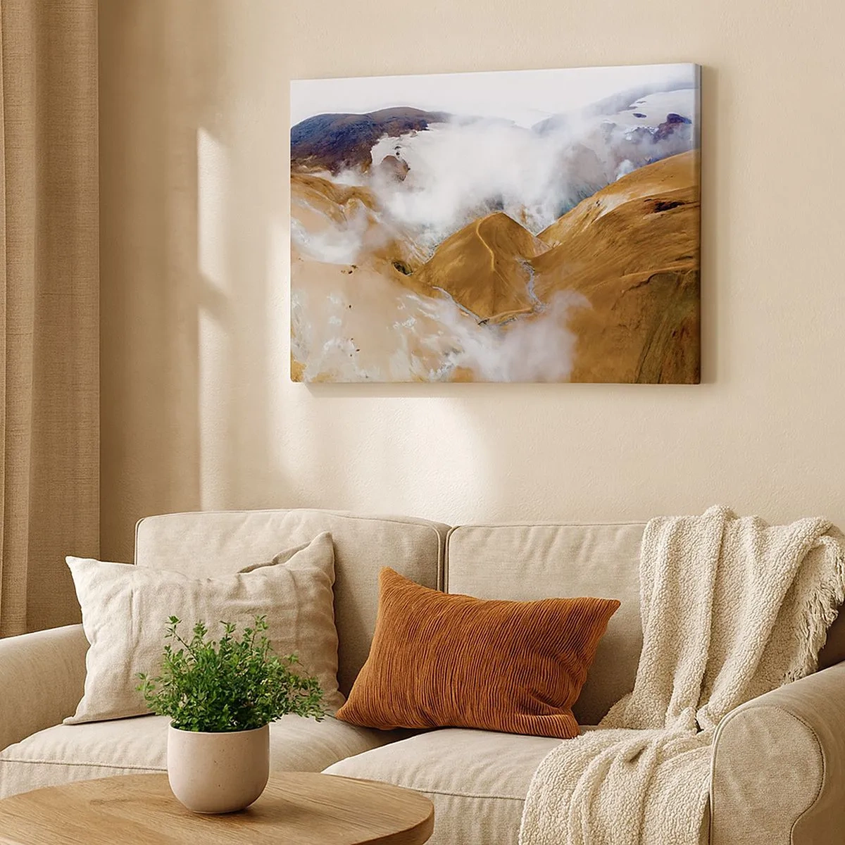 Quadro em tela - Uma paisagem montanhosa com vapor em um clima severo - 70x50cm - A beleza crua da Islândia - Decoração de parede moderna para a sala de estar e quarto ARTTOR