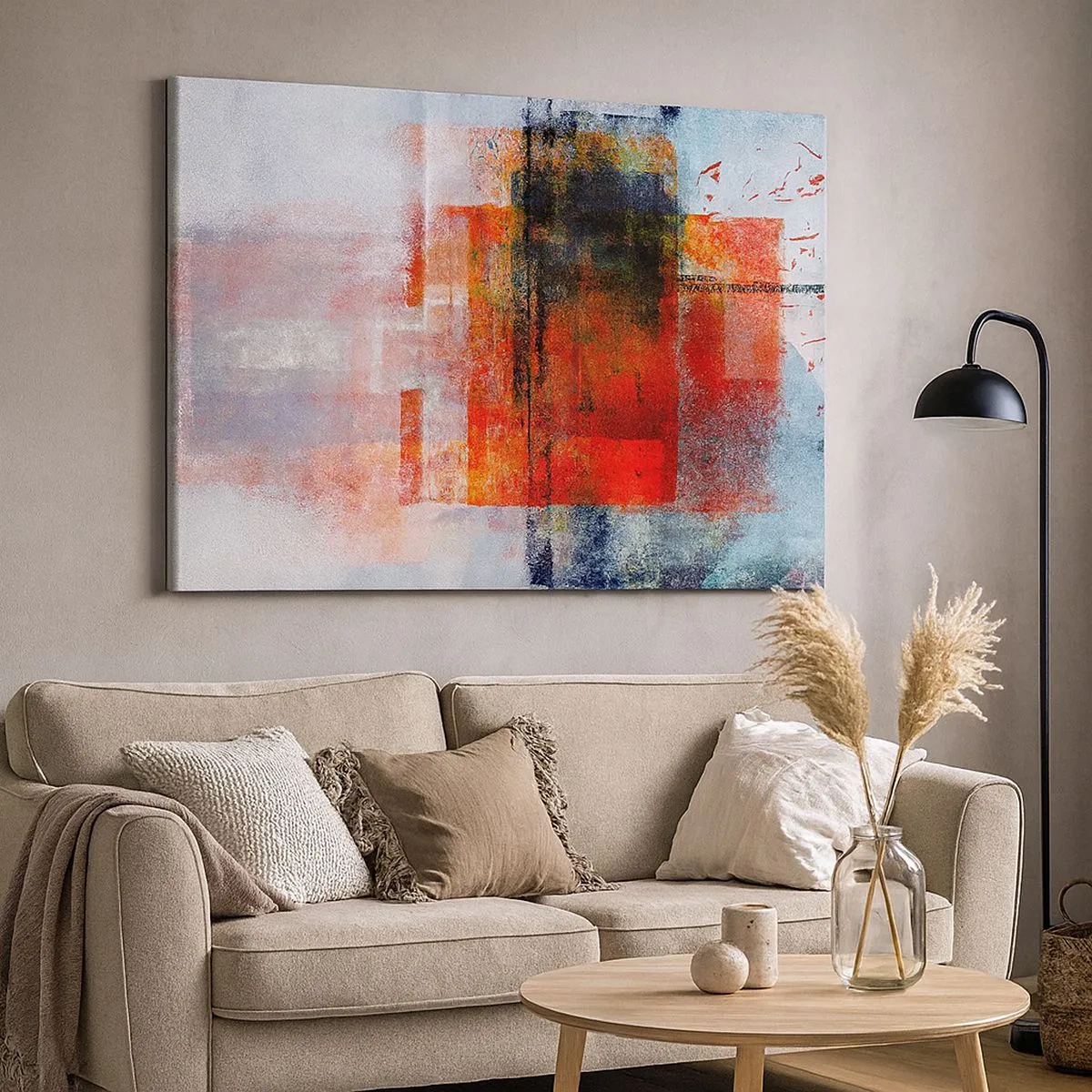 Quadro em tela - Composição geométrica abstrata com detalhes em vermelho e laranja - 70x50cm - A composição brilha - Decoração de parede moderna para a sala de estar e quarto ARTTOR