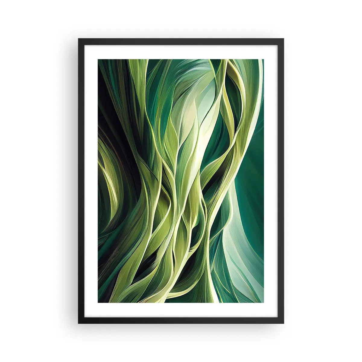 Pôster com moldura preta - Uma composição abstrata de formas orgânicas e verdes. - 50x70cm - Jogo verde abstrato - Decoração de parede moderna para a sala de estar e quarto ARTTOR