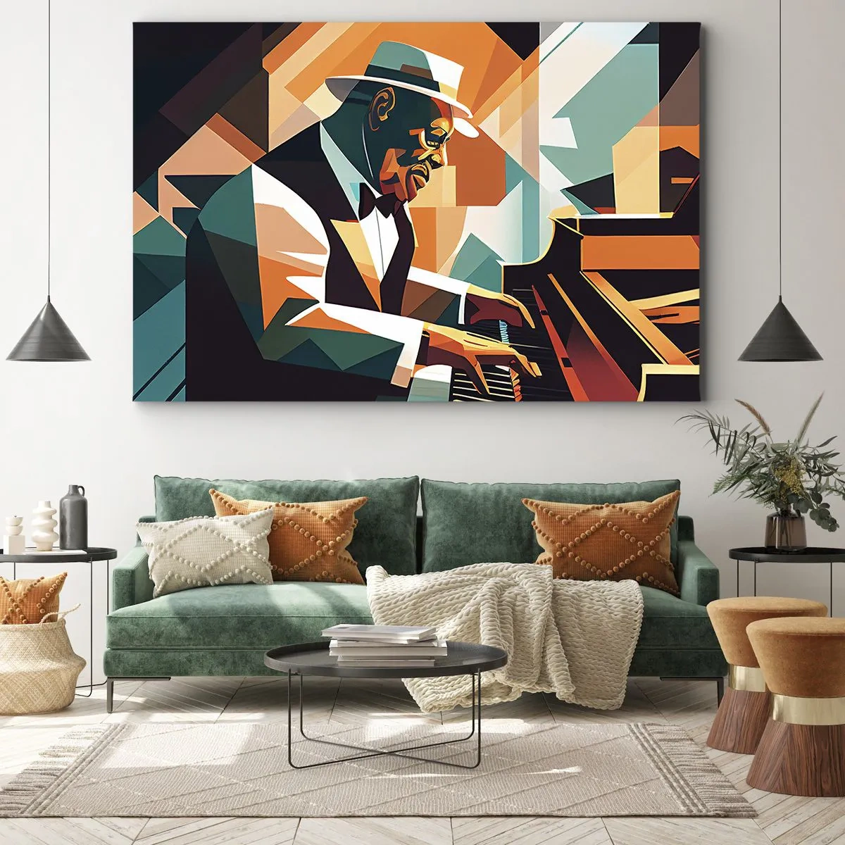 Quadro em tela - Músico abstrato tocando piano em cores quentes. - 70x50cm - Todo aquele jazz - Decoração de parede moderna para a sala de estar e quarto ARTTOR