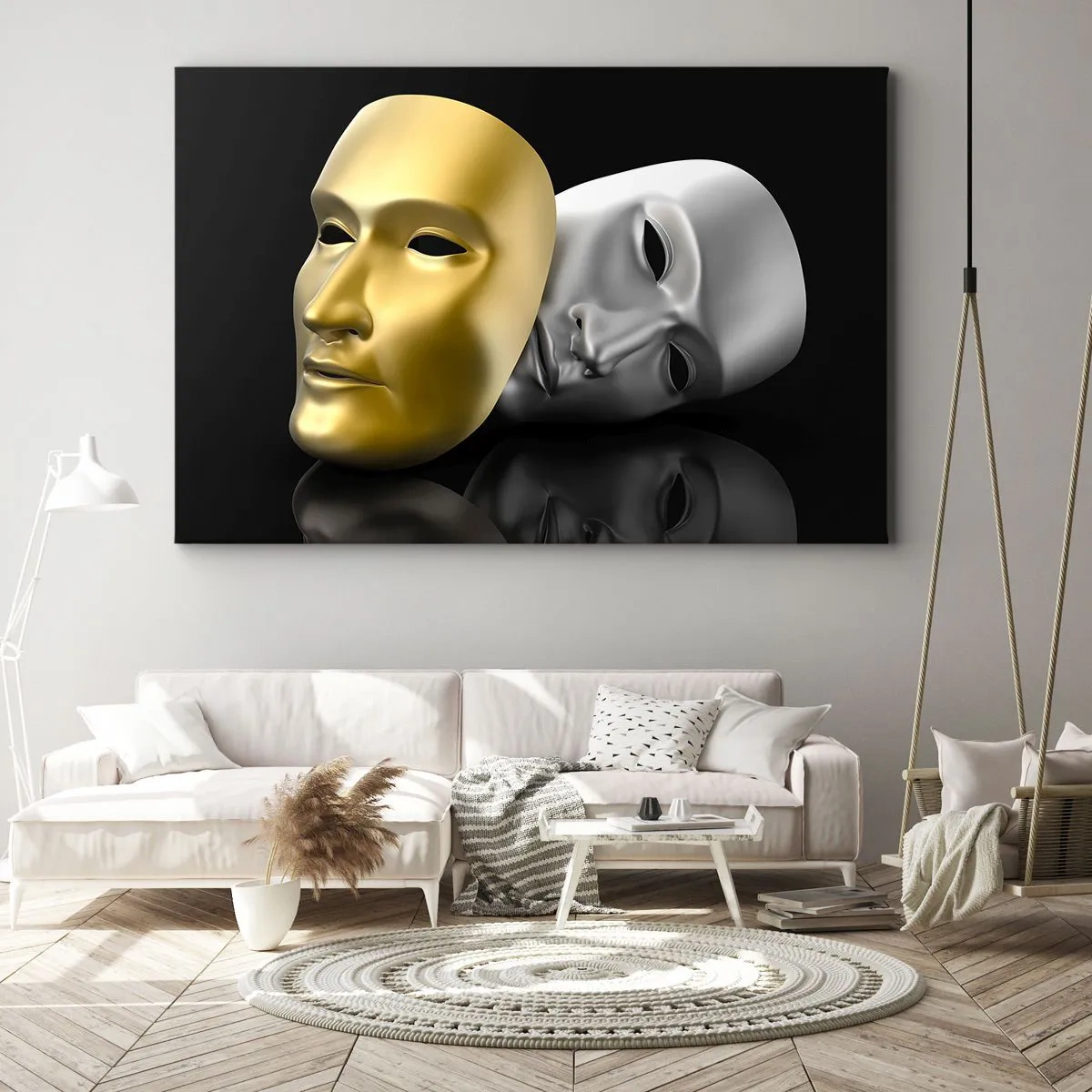 Quadro em tela - Máscara de ouro e prata em fundo preto - 70x50cm - A vida é um teatro - Decoração de parede moderna para a sala de estar e quarto ARTTOR