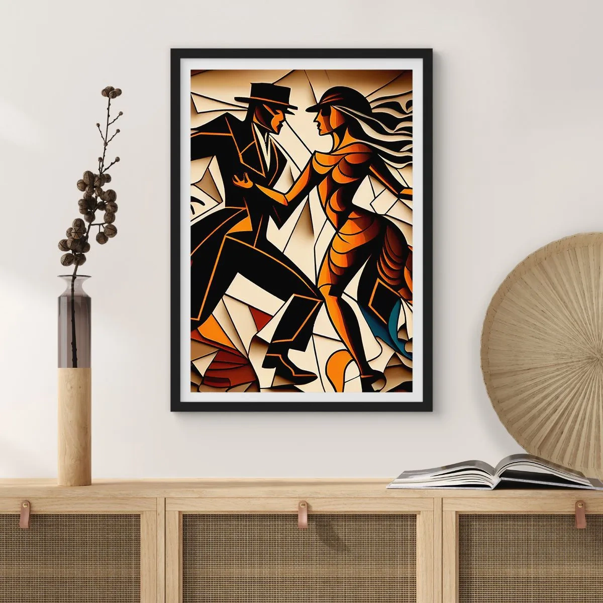 Pôster com moldura preta - Um casal dinâmico dançando tango em estilo cubista. - 50x70cm - Dança de paixão e paixão - Decoração de parede moderna para a sala de estar e quarto ARTTOR