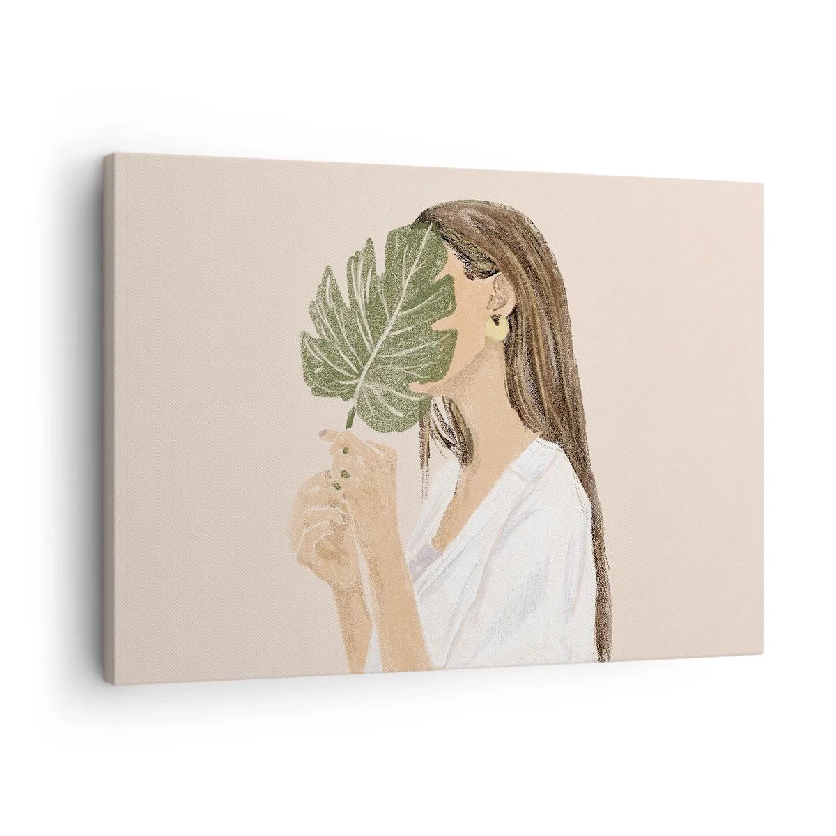 Quadro em tela - Retrato de uma mulher com uma folha de monstera em um fundo bege - 70x50cm - Retrato misterioso com uma adepta - Decoração de parede moderna para a sala de estar e quarto ARTTOR