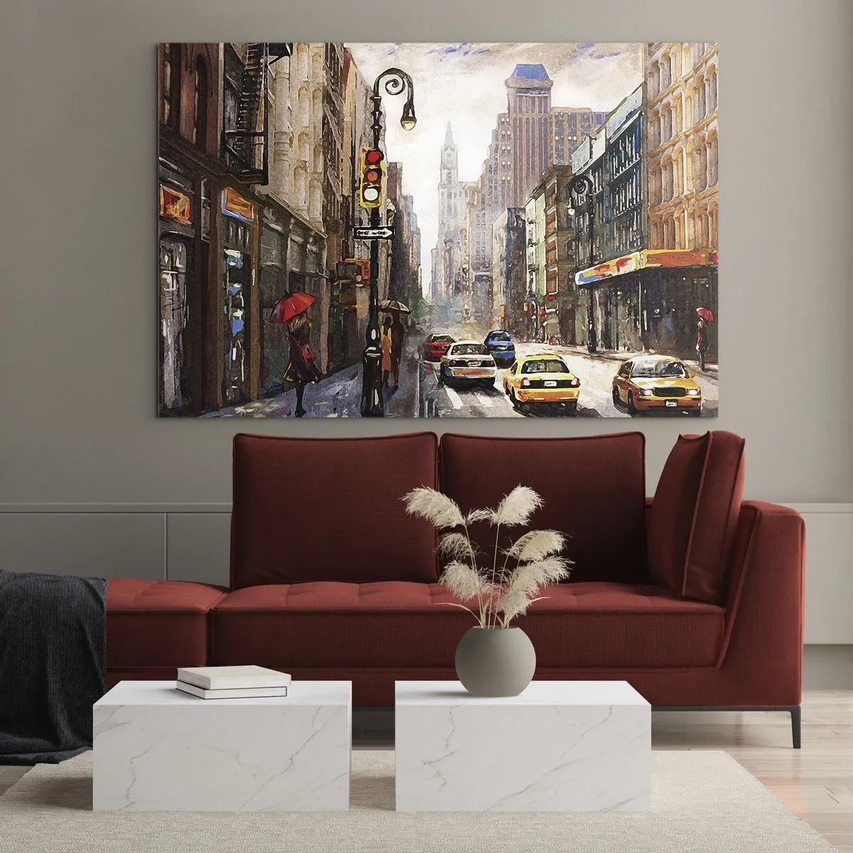 Quadro em vidro - Nova York – também colorida na chuva - 70x50cm - Nova York – colorida também na chuva - Decoração de parede moderna para a sala de estar e quarto ARTTOR