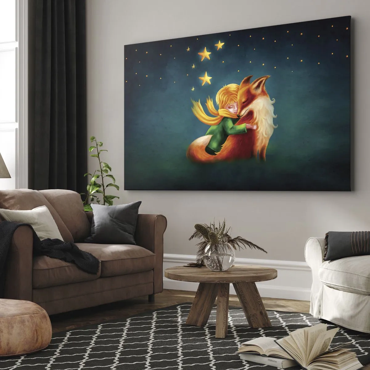 Quadro em tela - Um menino com uma raposa em um cenário mágico com estrelas - 70x50cm - O Pequeno Príncipe - Decoração de parede moderna para a sala de estar e quarto ARTTOR