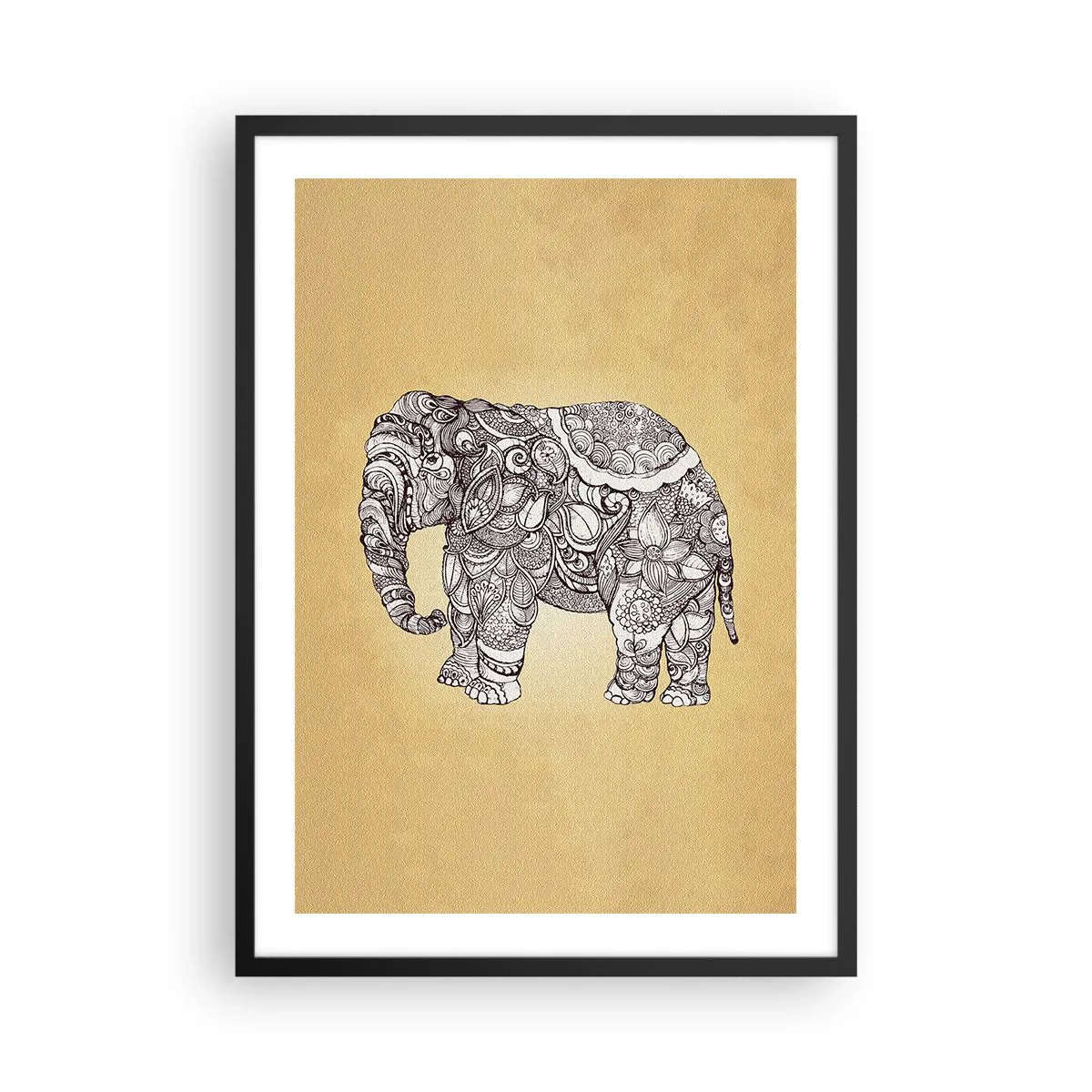 Pôster com moldura preta - Ilustração decorativa de um elefante com ornamentos intrincados sobre fundo dourado - 50x70cm - O elefante se cobriu - Decoração de parede moderna para a sala de estar e quarto ARTTOR